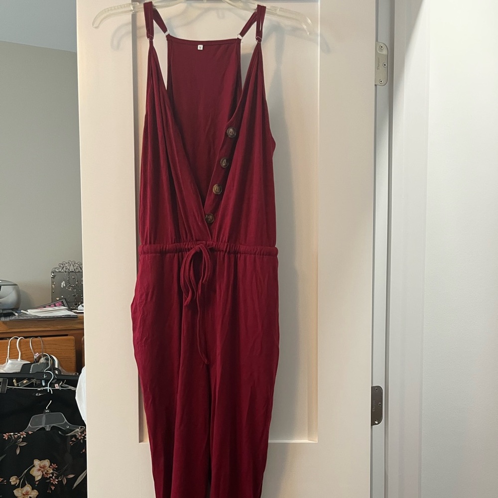 red, jogger style romper, tank, button front